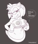  1girl amy_rose anthro breasts breasts_out_of_clothes furry looking_at_viewer monochrome sega sonic squidapple text tongue 