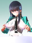  1girl areolae black_hair blue_eyes blush breasts cum cum_on_body cum_on_breasts cum_on_clothes cum_on_upper_body erect_nipples facial female gradient gradient_background hair_ornament highres impossible_clothes impossible_shirt large_breasts long_hair mahouka_koukou_no_rettousei necktie nipple_tweak nipples pointy_breasts school_uniform see-through shiba_miyuki shirt shumichi smile solo 