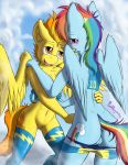  1girl 2015 anthro blue_fur blush clothing cloud cutie_mark duo equine female/female friendship_is_magic fur furry hair half-closed_eyes high_res legwear long_hair mammal multicolored_hair my_little_pony navel open_mouth orange_hair panties pegasus punk-pegasus pussy rainbow_dash rainbow_hair spitfire_(mlp) stockings underwear wings wonderbolts_(mlp) yellow_fur 