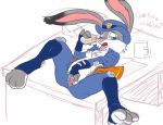  1girl 1girl 2015 areola breasts clitoris desk disney doughnut erect_nipples food furry gaping hat judy_hopps lagomorph lying mammal nipples on_back pussy rabbit sean_blackthorne spread_legs spread_pussy spreading urethra zootopia 