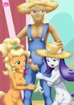  1boy 2girls anthro applejack applejack_(mlp) bbmbbf breasts clothed_male_nude_female equestria_untamed erection female_anthro friendship_is_magic horn human male_anthro multiple_girls my_little_pony palcomix penis rarity rarity_(mlp) straw_hat tagme tail trenderhoof_(mlp) 