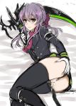 1girl black_boots boots bow brown_eyes cum cum_in_pussy gloves hair_bow hiiragi_shinoa knee_boots lying military military_uniform on_side owari_no_seraph purple_hair pussy scythe smile solo tachibanaei thighhighs uniform white_gloves zettai_ryouiki