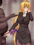 1girl blonde_hair blush breasts business_suit censored dark-skinned_male dark_skin embarrassed erection fat fat_man formal glasses green_eyes handjob highres huge_breasts legs long_hair nude nyamota_(noraneko_koubou) pantyhose penis simple_background skirt standing suit tearju_lunatique thighs to_love-ru to_love-ru_darkness very_long_hair