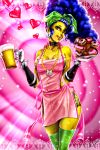 1girl apron beer blue_hair bra breasts choker doughnut dress elbow_gloves female female_only gloves hair hips looking_at_viewer marge_simpson panties smile solo stockings the_simpsons thighhighs yellow_skin