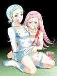  2_girls anemone anemone_(eureka_seven) aqua_hair blue_hair blush boots collar duplicate eureka eureka_7 eureka_seven eureka_seven_(series) female_only hair hair_ornament hairclip igul jam multiple_girls panties pink_hair purple_eyes skirt skirt_lift striped striped_panties teal_hair thigh_strap underwear white_boots yuri 