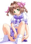 1girl brown_hair daikobutu green_eyes haruka_suzumiya kimi_ga_nozomu_eien panchira_sit panties pantyshot pantyshot_(sitting) pantyshot_sitting school_uniform schoolgirl serafuku shiruko sitting solo suzumiya_haruka underwear white_panties