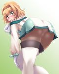  1girl ass bent_over blonde_hair blush gloves green_eyes hairband huge_ass kihaiu looking_back natalia natalia_luzu_kimlasca_lanvaldear panties panties_under_pantyhose pantyhose pantyshot short_hair simple_background tales tales_of_(series) tales_of_the_abyss thighhighs underwear upskirt 