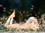 1girl ass barefoot blonde_hair brown_eyes butterfly chii chobits clamp feet flower hair long_hair lying nude robot_ears soles solo very_long_hair wallpaper