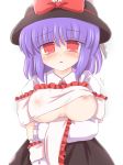 1girl arm_grab bangs blue_hair blush bow bowtie breast_hold breasts bust d: empty_eyes erect_nipples female frown hat hat_bow huge_breasts iku_nagae lactation large_breasts looking_at_viewer milk nagae_iku nipples no_bra nose_blush open_mouth purple_hair red_eyes ribbon ribbons ry see-through shawl shirt shirt_lift short_hair simple_background skirt solo tearing_up tears touhou upper_body white_background