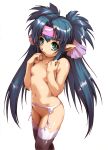  1girl blue_hair flat_chest garter_belt green_eyes headband hisahiko klan_klein long_hair macross macross_frontier nipples nude pointy_ears small_breasts solo thighhighs twintails 