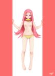 1girl anemone anemone_(eureka_seven) barefoot breasts collar eureka_7 eureka_seven eureka_seven_(series) feet hair_ornament hairclip highres kobayashi_yuji kobayashi_yuuji looking_at_viewer nipples panties panties_only pink_hair print_panties printed_panties purple_eyes smile solo standing toes topless underwear underwear_only yellow_panties