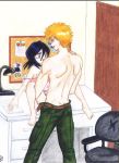  1boy 1girl abarai_renji back belt black_hair bleach blush bottomless bulletin_board chair closed_eyes drawer green_pants hair hair_between_eyes hand_on_shoulder hetero kuchiki_rukia kurosaki_ichigo lamp off_shoulder office_chair on_desk open_mouth orange_hair rukia_kuchiki sex shirtless short_hair spread_legs standing topless traditional_media unzipped vaginal 