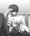 2boys blonde_hair blush boy clannad closed_eyes fellatio hair handjob heart kiss kissing male_focus monochrome multiple_boys necktie okazaki_tomoya oral penis penis_kiss school_uniform short_hair speech_bubble spoken_heart spread_legs sunohara_youhei sweatdrop tie tomoya_okazaki yaoi youhei_sunohara