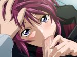  1girl blue_eyes blush censored cheek_bulge fellatio from_above gundam gundam_seed gundam_seed_destiny hand_on_another's_head hand_on_head looking_at_viewer lost_rarities lunamaria_hawke military military_uniform oral penis pov purple_eyes purple_hair red_hair short_hair solo_focus soul_foundation takapiko uniform 