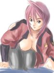  1girl ahoge all_fours black_legwear blue_eyes breasts collarbone gundam gundam_seed gundam_seed_destiny hanging_breasts looking_at_viewer looking_back lunamaria_hawke pantyhose pink_hair short_hair solo zinmasin 