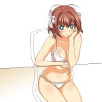 +_+ 1girl a1 blue_eyes bra breasts brown_hair chair chin_rest cleavage haruka_suzumiya kimi_ga_nozomu_eien lingerie panties ribbon ribbons see-through short_hair sitting smile suzumiya_haruka underwear underwear_only white_panties