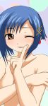  1girl ;d aika_granzchesta aria_(manga) blush brown_eyes bust earrings jewelry looking_at_viewer namamo_nanase one_eye_closed open_mouth parted_lips seductive_smile short_hair smile solo tomoeda topless upper_body x_hair_ornament 