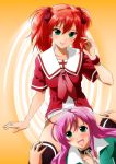 ahoge akashiya_moka bottomless fang green_eyes hair_ribbon hair_ribbons high_res highres kamoroosaazu kamoroosaazu_(artist) kokoa_shuzen moka_akashiya no_panties pink_hair red_hair ribbon ribbons rosario_to_vampire rosario_vampire school_uniform serafuku shuzen_kokoa stockings thighhighs twin_tails