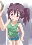  1girl asou_natsumi blush breast_grab breasts brown_eyes brown_hair chikan grabbing hand_under_clothes hand_under_shirt molestation natsumi_asou purple_hair shirt shorts sketchbook sketchbook_full_colors solo_focus tanada-bon tank_top train train_interior twintails 