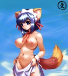  1girl animal_ears blue_eyes blue_hair blush breasts hisahiko kokubunji_koyori koyori_kokubunji large_breasts maid nipples nurse_witch_komugi nurse_witch_komugi-chan solo tail undressing 