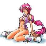 1girl armlet bottomless breasts dark_chronicle dark_cloud_2 gloves hair_tubes level-5 long_hair monica_(dark_chronicle) monica_raybrandt multi-tied_hair no_panties open_clothes open_shirt pink_eyes pink_hair purple_eyes purple_hair shirt solo