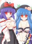  2girls :o black_dress blue_hair blush bow breasts collarbone dress female flat_chest food fruit hat hat_bow hinanai_tenshi hinanawi_tenshi iku_nagae leaf lifted_by_self multiple_girls nagae_iku nipples parted_lips peach purple_hair rainbow_order red_bow red_eyes ry shawl shirt short_hair standing tareme tenshi_hinanai touhou white_shirt 