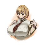 1girl breasts brown_eyes brown_hair fan_(f.w.zholic) female_focus gloves hair_ornament hairclip heart heart_hair_ornament huge_breasts jacket looking_at_viewer narusawa_ryouka neck_tie occultic;nine pink_gloves short_hair smile standing undressing upper_body white_background white_gloves