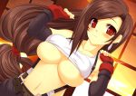  1girl big_breasts blush breasts brown_hair cute earrings final_fantasy final_fantasy_vii jewelry kinoshita_ichi long_hair low-tied_long_hair nipple_slip nipples red_eyes solo suspenders tifa_lockhart underboob 