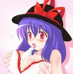 1girl bad_id between_breasts blush bottle breasts darusu female hat iku_nagae licking milk nagae_iku purple_hair red_eyes ribbon ribbons sexually_suggestive short_hair solo suggestive_fluid touhou