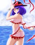  blue_hair female flx hat iku_nagae nagae_iku ocean purple_hair red_eyes ribbon short_hair solo touhou wet wet_clothes 