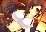 1girl big_breasts blush breasts brown_hair earrings erect_nipples final_fantasy final_fantasy_vii impossible_clothes impossible_clothing impossible_shirt jewelry kinoshita_ichi long_hair low-tied_long_hair midriff red_eyes shirt solo suspenders tifa_lockhart