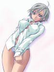  1girl ahoge aria_(manga) athena_glory blush bottomless dark_skin dress_shirt embarrassed erect_nipples green_eyes grey_hair navel panties purple_panties shirt shirt_tug short_hair silver_hair solo striped striped_panties thigh_gap underwear yaso_shigeru 