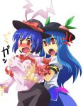  2girls ^^^ annoyed blue_hair blush bow bowtie breast_envy breast_grab breasts commentary_request embarrassed food frills fruit grabbing grabbing_from_behind groping hat hat_bow hat_ribbon hinanawi_tenshi iku_nagae large_breasts long_hair looking_down multiple_girls nagae_iku nose_blush open_mouth peach red_eyes ribbon shirt simple_background skindentation skirt squemezzo standing surprised taut_clothes taut_shirt tenshi_hinanai tongue touhou white_background 