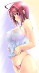 1girl bare_shoulders blush breasts cute erect_nipples fct gundam gundam_seed gundam_seed_destiny huge_breasts large_breasts looking_at_viewer lunamaria_hawke midriff navel nipples no_bra no_pants panties pink_panties profile puffy_nipples purple_eyes red_hair sara_da_pranzo sdp see-through short_hair sideboob smile solo tank_top underwear