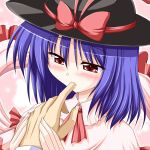  blue_hair blush bococho female finger finger_suck finger_sucking fingers hat iku_nagae nagae_iku purple_hair red_eyes ribbon ribbons saliva short_hair solo touhou 