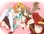  2girls areola areolae blonde_hair blue_eyes breasts brown_hair green_eyes hairband long_hair lying multiple_girls natalia natalia_luzu_kimlasca_lanvaldear one_eye_closed open_clothes open_shirt pantyhose pantyhose_pull red_legwear shirt shirt_lift short_hair shuragyoku_mami tales tales_of_(series) tales_of_the_abyss tear_grants thighhighs underboob wink 