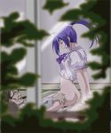  1boy 1girl age_difference arm_support ass blue_hair blush bottomless censored cowgirl_position girl_on_top glasses hayase_mitsuki hetero higashitaishi kimi_ga_nozomu_eien leaf leg_grab long_hair looking_down mitsuki_hayase old_man peeping penis ponytail purple_eyes purple_hair school_uniform serafuku sex solo_focus straddling vaginal voyeurism window 