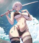 1girl 1girl 1girl alluring arttoru big_breasts big_breasts big_breasts blue_eyes cleavage cloud hourglass_figure humanoid legwear nier:_automata nier_(series) outside sky stockings sword thighs weapon white_hair yorha_2b yorha_no._2_type_b