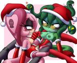  2_girls biting_lip christmas christmas_hat christmas_outfit cotton_draws cyani_the_cobra female/female female_only santa_hat scissoring smile sofia_the_gorgon sonic_oc yuri 