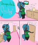 1girl anthro black_skin blue_hair breasts changeling clothed clothing comic english_text fangs friendship_is_magic furry green_eyes hair half-closed_eyes heart honas007 horn inside my_little_pony no_pupils queen_chrysalis teeth text