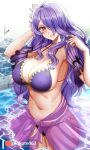 1girl 1girl alluring big_breasts bikini breasts camilla_(fire_emblem) censored cleavage covered_erect_nipples fire_emblem fire_emblem_fates fire_emblem_heroes hair_over_one_eye high_res long_hair looking_at_viewer navel nintendo parted_lips piukute062 pool purple_eyes purple_hair sideboob smile swimming_pool swimsuit water wet