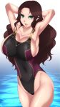  1girl alluring arms_up bare_legs big_breasts breasts brown_hair byakkun_(byakkun8181) cleavage competition_swimsuit dorothea_arnault earrings fire_emblem fire_emblem:_three_houses green_eyes high_res highleg highleg_swimsuit jewelry long_hair nintendo one-piece_bikini one-piece_swimsuit swimsuit water 