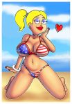 american_dad american_flag_bikini beach bikini blonde_hair breasts edit eyeshadow francine_smith hair heart huge_breasts ian.r.jones looking_at_viewer makeup navel on_beach on_knees ponytail spread_legs star stars_and_stripes