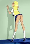 1girl area_(artist) ass blonde_hair blue_eyes blue_skirt clothed dc_comics dcau female female_only looking_back panties panties_down pussy shirt skirt skirt_lift socks solo standing standing_on_toes tagme teen_titans terra white_panties white_socks