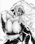  big_breasts black_cat bodysuit breasts cleavage domino_mask felicia_hardy huge_breasts leaning_forward looking_at_viewer marvel marvel_comics mask monochrome nipples orvilleart_(artist) pubic_hair spider-man_(series) unzipped_bodysuit white_hair 