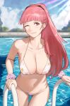 1girl alluring big_breasts bikini blue_sky blunt_bangs cleavage cloud female_focus fire_emblem fire_emblem:_three_houses halterneck high_res hilda_valentine_goneril j@ck long_hair matching_hair/eyes navel nintendo one_eye_closed outside pink_eyes pink_hair pool scrunchie skindentation sky smile string_bikini swimming_pool swimsuit thighs water white_bikini wink wrist_scrunchie wristband