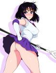 1_girl 1girl ass bishoujo_senshi_sailor_moon blush breasts clothed elbow_gloves female female_only gloves holding_weapon hotaru_tomoe looking_at_viewer sailor_moon sailor_saturn serafuku short_hair short_skirt silence_glaive skirt skirt_lift solo standing tiara tomoe_hotaru weapon