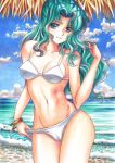 1_girl 1girl aqua_hair beach bikini bikini_bottom_pull bishoujo_senshi_sailor_moon bracelets breasts female female_only kaiou_michiru looking_at_viewer michiru_kaioh michiru_kaiou mostly_nude outdoor outside sailor_moon sailor_neptune solo standing white_bikini