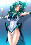 1_girl 1girl aqua_hair bishoujo_senshi_sailor_moon bondage breasts choker clothed elbow_gloves female female_only gloves kaiou_michiru michiru_kaioh michiru_kaiou panties sailor_moon sailor_neptune serafuku skirt skirt_lift solo standing tiara white_panties