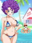 1boy 1girl bald bangs beard bikini blue_bikini blue_eyes blurry bow bow_bikini breasts breasts_apart cameltoe cloud coconut_tree collarbone day depth_of_field dragon_ball dragon_ball_(classic) facial_hair facing_viewer hand_on_hip hands_on_hips house island kame_house light_smile lipstick looking_at_viewer makeup master_roshi medium_breasts micro_bikini missing_teeth mole mole_under_mouth muscular muscular_male mustache navel ocean old old_man outside palm_tree partially_submerged purple_hair ranfan red_bow red_lips sano-br sano_br shiny shiny_skin short_hair sky smile strap_gap sunglasses swimsuit tree two-tone_bikini wading white_beard wide_hips